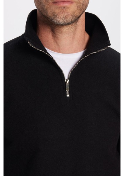 Unisex Relax Fit Rahat Kesim Fitilli Pamuklu Yarım Fermuarlı Siyah Dik Yaka Sweatshirt fırsatları