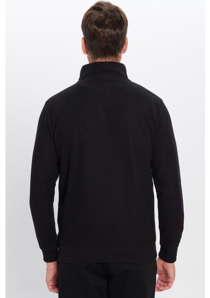 Unisex Relax Fit Rahat Kesim Fitilli Pamuklu Yarım Fermuarlı Siyah Dik Yaka Sweatshirt indirimleri