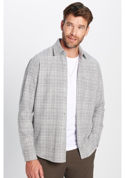 Erkek Regular Fit Klasik Kesim Oduncu Tek Cepli Armürlü Gri Kışlık Gömlek