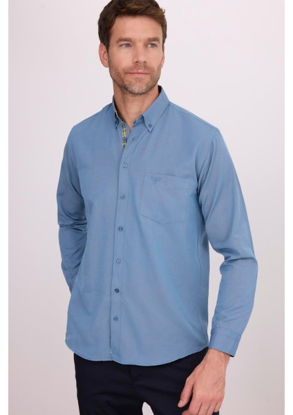 Erkek Regular Fit Klasik Kesim Pamuklu Oxford Doku Petrol Renk Düğmeli Yaka Gömlek fiyatları