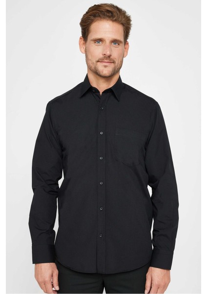 Erkek Regular Fit Klasik Kesim Pamuklu Kolay Ütü Düz Siyah Gömlek