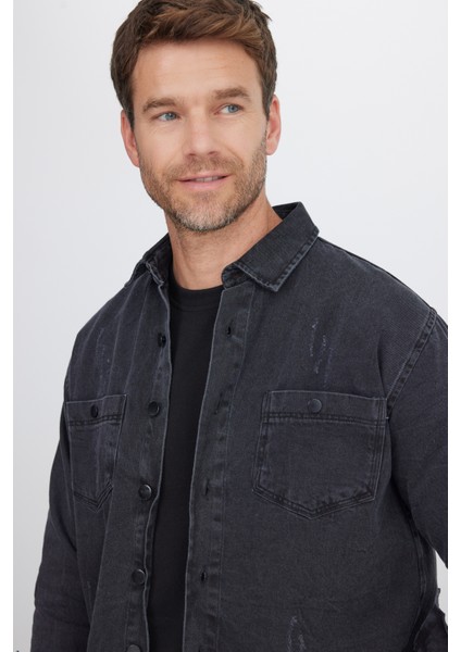 Relax Fıt Uzun Kollu Çift Cep Eskitmeli Siyah Denim Erkek Siyah Gömlek fiyatları