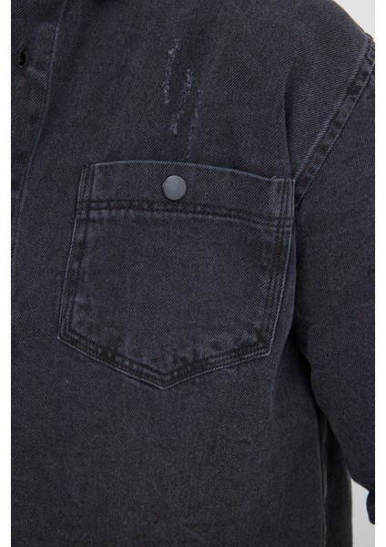 Relax Fıt Uzun Kollu Çift Cep Eskitmeli Siyah Denim Erkek Siyah Gömlek modelleri