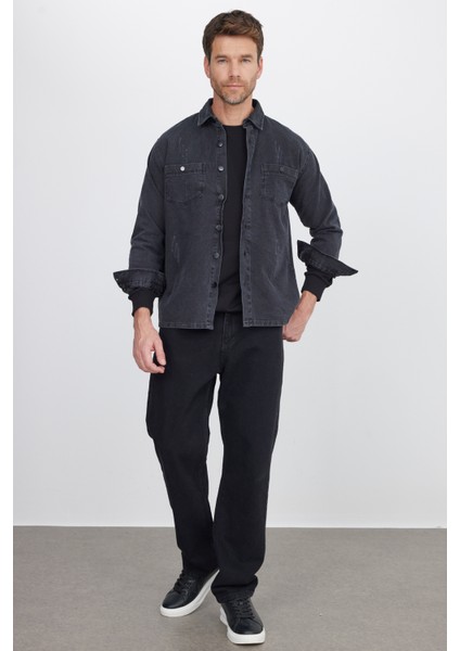 Relax Fıt Uzun Kollu Çift Cep Eskitmeli Siyah Denim Erkek Siyah Gömlek fırsatları