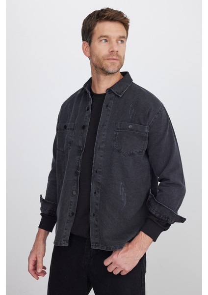 Relax Fıt Uzun Kollu Çift Cep Eskitmeli Siyah Denim Erkek Siyah Gömlek indirimleri