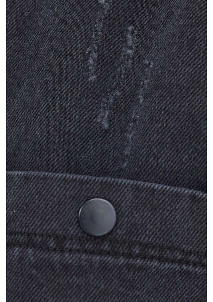 Relax Fıt Uzun Kollu Çift Cep Eskitmeli Siyah Denim Erkek Siyah Gömlek