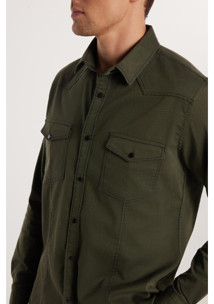 Slim Fit Uzun Kollu Gündelik Denim Kot Unisex Haki Gömlek fiyatları