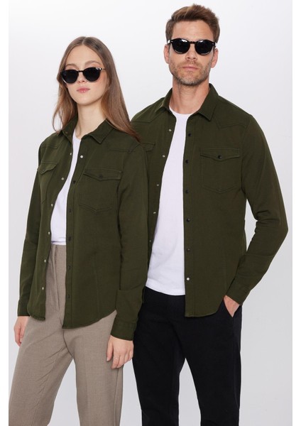 Slim Fit Uzun Kollu Gündelik Denim Kot Unisex Haki Gömlek modelleri