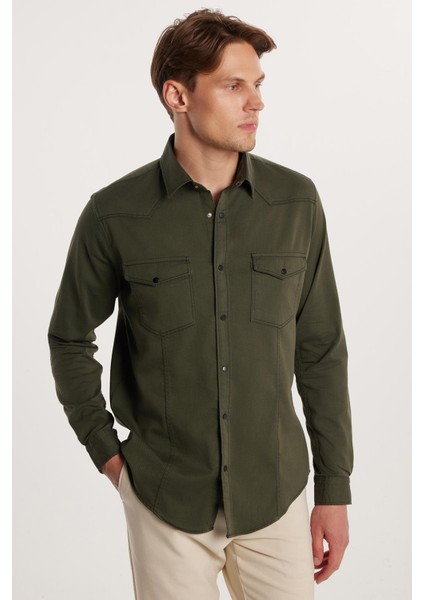 Slim Fit Uzun Kollu Gündelik Denim Kot Unisex Haki Gömlek fırsatları