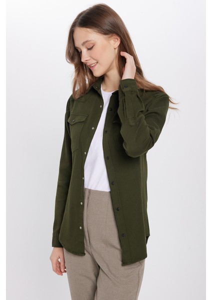 Slim Fit Uzun Kollu Gündelik Denim Kot Unisex Haki Gömlek indirimleri