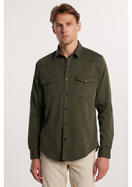 Slim Fit Uzun Kollu Gündelik Denim Kot Unisex Haki Gömlek