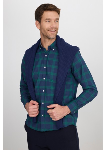 Erkek Regular Fit Klasik Kesim Düğmeli Yaka Küçük Kareli Pamuklu Yeşil-Mavi Gömlek fiyatları