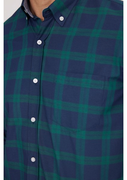 Erkek Regular Fit Klasik Kesim Düğmeli Yaka Küçük Kareli Pamuklu Yeşil-Mavi Gömlek modelleri