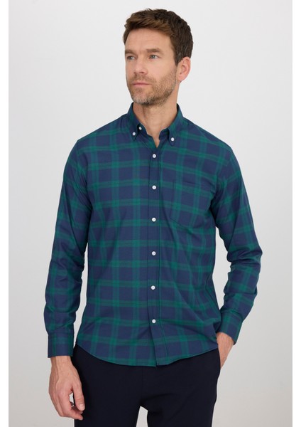 Erkek Regular Fit Klasik Kesim Düğmeli Yaka Küçük Kareli Pamuklu Yeşil-Mavi Gömlek fırsatları