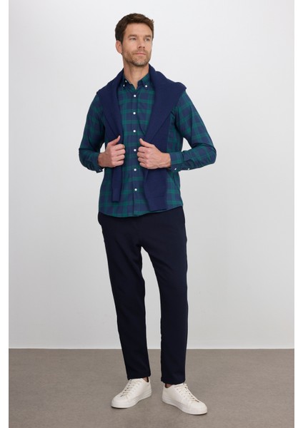Erkek Regular Fit Klasik Kesim Düğmeli Yaka Küçük Kareli Pamuklu Yeşil-Mavi Gömlek indirimleri