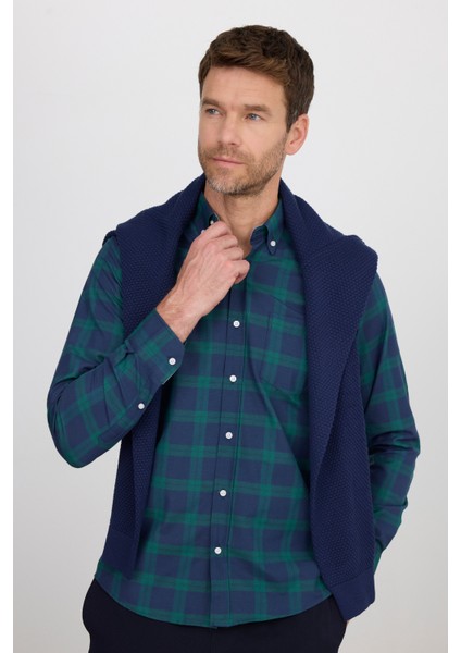 Erkek Regular Fit Klasik Kesim Düğmeli Yaka Küçük Kareli Pamuklu Yeşil-Mavi Gömlek