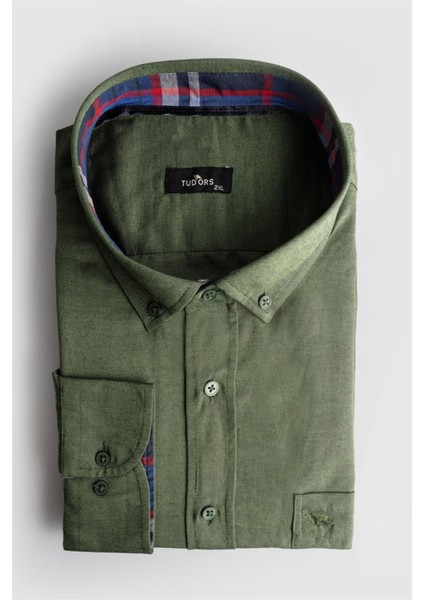 Erkek Büyük Beden Rahat Kesim Pamuklu Kolay Ütülenebilir Düğmeli Yaka Düz Haki Spor Gömlek