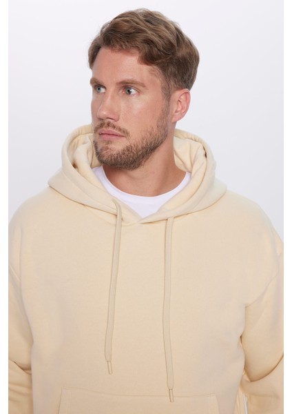 Unisex Oversize Geniş Kesim Pamuklu Yumuşak Dokulu İçi Polarlı Basic Bej Kapüşonlu Sweatshirt fiyatları