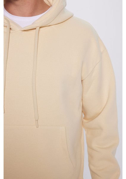 Unisex Oversize Geniş Kesim Pamuklu Yumuşak Dokulu İçi Polarlı Basic Bej Kapüşonlu Sweatshirt modelleri