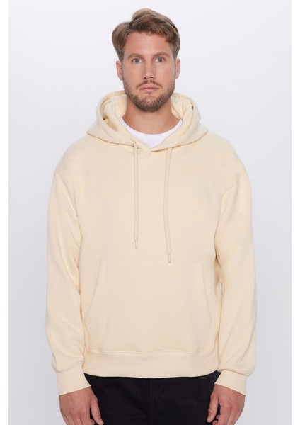 Unisex Oversize Geniş Kesim Pamuklu Yumuşak Dokulu İçi Polarlı Basic Bej Kapüşonlu Sweatshirt fırsatları