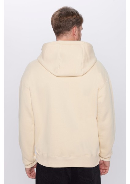 Unisex Oversize Geniş Kesim Pamuklu Yumuşak Dokulu İçi Polarlı Basic Bej Kapüşonlu Sweatshirt indirimleri