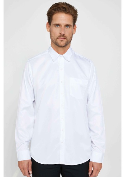 Erkek Regular Fit Klasik Kesim Kolay Ütü Nefes Alan Doku Kravatlık Dört Mevsim Beyaz Gömlek