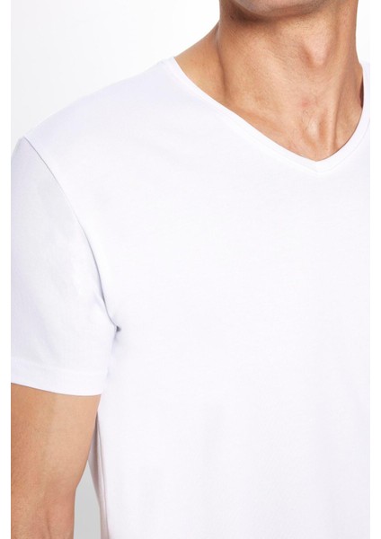 Erkek Slim Fit Dar Kesim Pamuklu Yumuşak Dokulu Likralı Esnek Kumaş Düz Basic Beyaz V Yaka Tişört fırsatları