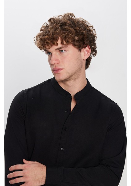 Erkek Slim Fit Dar Kesim Pamuklu Kolay Ütü Siyah Hakim Yaka Gömlek fiyatları