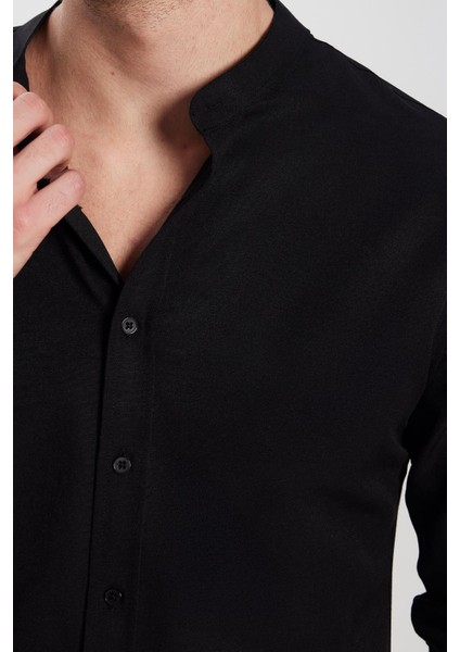 Erkek Slim Fit Dar Kesim Pamuklu Kolay Ütü Siyah Hakim Yaka Gömlek modelleri
