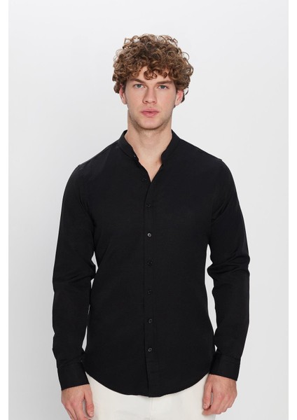 Erkek Slim Fit Dar Kesim Pamuklu Kolay Ütü Siyah Hakim Yaka Gömlek fırsatları