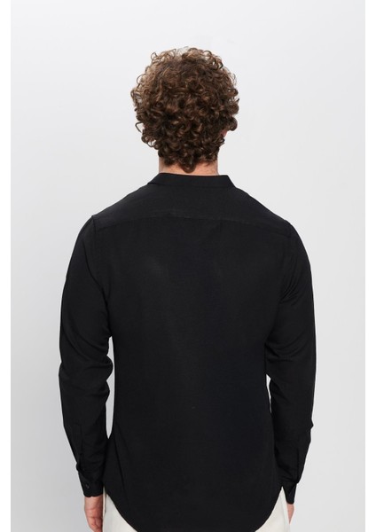 Erkek Slim Fit Dar Kesim Pamuklu Kolay Ütü Siyah Hakim Yaka Gömlek indirimleri