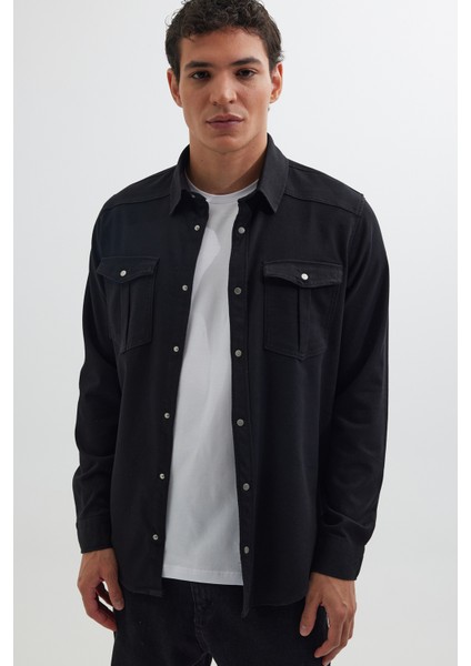 Slim Fit Uzun Kollu Dar Kesim Denim Kot Çift Cepli Spor Yaka Erkek Siyah Gömlek fiyatları