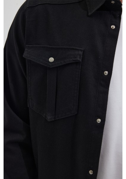 Slim Fit Uzun Kollu Dar Kesim Denim Kot Çift Cepli Spor Yaka Erkek Siyah Gömlek modelleri
