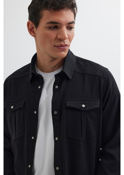 Slim Fit Uzun Kollu Dar Kesim Denim Kot Çift Cepli Spor Yaka Erkek Siyah Gömlek indirimleri