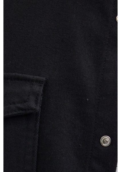 Slim Fit Uzun Kollu Dar Kesim Denim Kot Çift Cepli Spor Yaka Erkek Siyah Gömlek