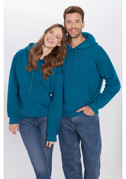 Unisex Oversize Geniş Kesim Pamuklu Yumuşak Dokulu Içi Polarlı Basic Petrol Kapüşonlu Sweatshirt fiyatları