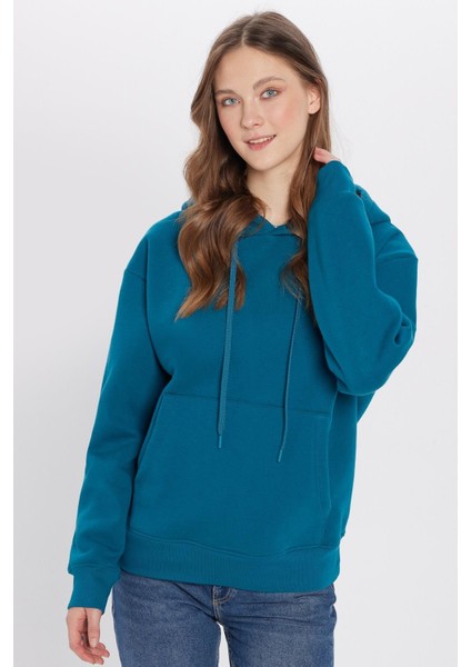 Unisex Oversize Geniş Kesim Pamuklu Yumuşak Dokulu Içi Polarlı Basic Petrol Kapüşonlu Sweatshirt modelleri