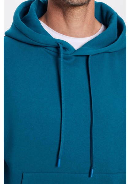 Unisex Oversize Geniş Kesim Pamuklu Yumuşak Dokulu Içi Polarlı Basic Petrol Kapüşonlu Sweatshirt fırsatları