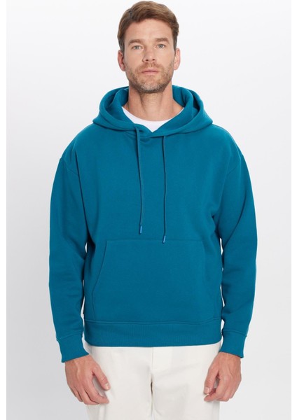Unisex Oversize Geniş Kesim Pamuklu Yumuşak Dokulu Içi Polarlı Basic Petrol Kapüşonlu Sweatshirt indirimleri