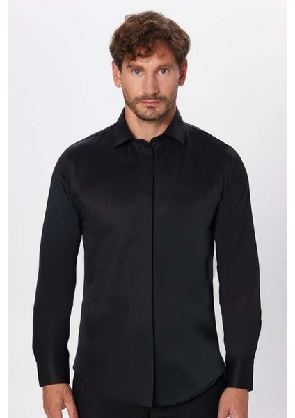Slim Fit Uzun Kollu Gizli Pat Sırtı Körüklü Düz Siyah Erkek Gömlek fiyatları
