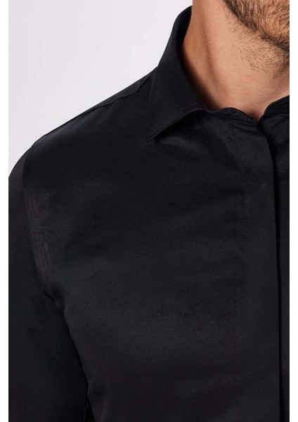 Slim Fit Uzun Kollu Gizli Pat Sırtı Körüklü Düz Siyah Erkek Gömlek modelleri
