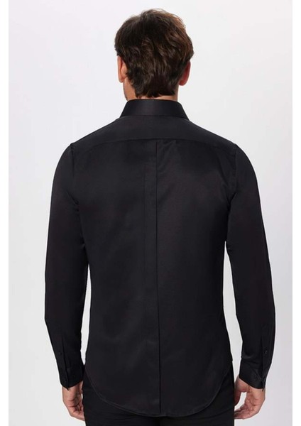 Slim Fit Uzun Kollu Gizli Pat Sırtı Körüklü Düz Siyah Erkek Gömlek fırsatları