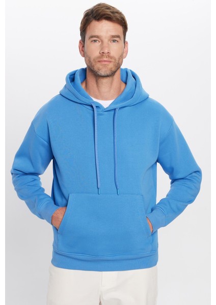 Unisex Oversize Geniş Kesim Pamuklu Yumuşak Dokulu Içi Polarlı Basic Mavi Kapüşonlu Sweatshirt