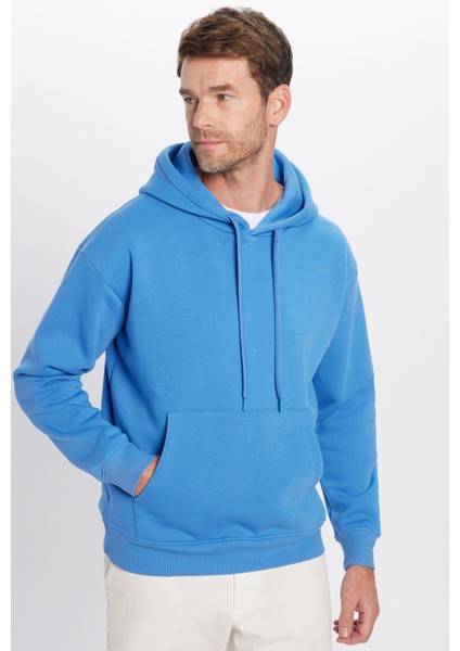 Unisex Oversize Geniş Kesim Pamuklu Yumuşak Dokulu Içi Polarlı Basic Mavi Kapüşonlu Sweatshirt modelleri