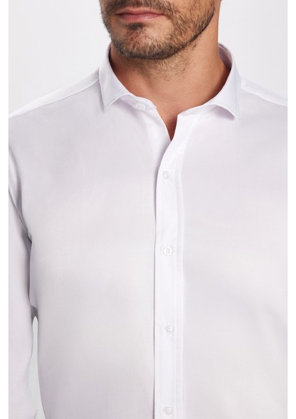 Modern Slim Fit Uzun Kollu Düz Saten Pamuklu Erkek Beyaz Gömlek modelleri
