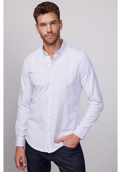 Slim Fit Uzun Kollu Çizgili Yaka Düğmeli Erkek Gömlek fiyatları