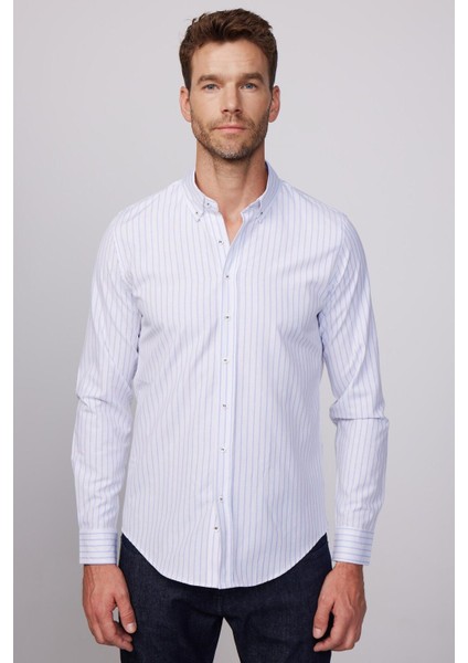 Slim Fit Uzun Kollu Çizgili Yaka Düğmeli Erkek Gömlek modelleri