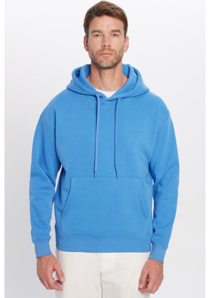 Unisex Oversize Geniş Kesim Pamuklu Yumuşak Dokulu Içi Polarlı Basic Mavi Kapüşonlu Sweatshirt fırsatları