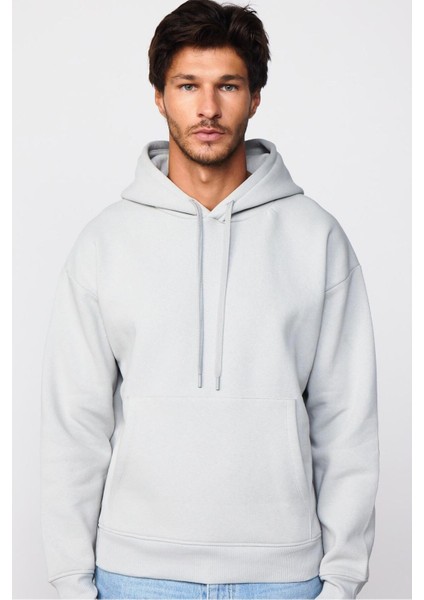 Unisex Oversize Geniş Kesim Pamuklu Yumuşak Dokulu Içi Polarlı Basic Taş Renk Kapüşonlu Sweatshirt