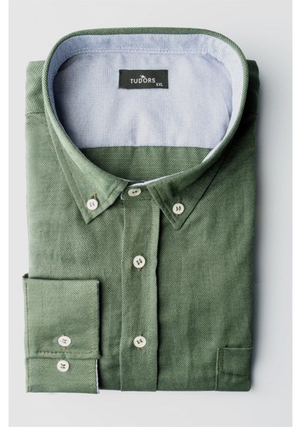 Büyük Beden Uzun Kollu Düğmeli Yaka Armürlü Oxford Yeşil Erkek Gömlek fiyatları